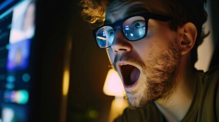 Detailed close-up of a young adult is face lit by a computer screen, showing excitement while shopping online