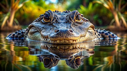 Fototapeta premium Magnificent American alligator floating serene in crystal-clear water, showcasing impeccable balance and striking symmetrical composition, with intense facial expression.