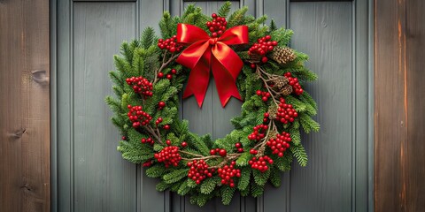 Cozy holiday wreath featuring lush red bow and berries on front door , Christmas, wreath, red bow, berries, cozy