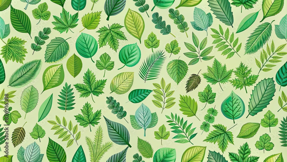 Wall mural Green seamless pattern with various types of leaves, leaves, foliage, nature, botanical, seamless, design, texture, background