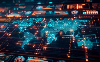 Obraz premium A digital world map with glowing lines and data visualizations, representing global connectivity and technology.