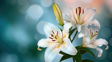Naklejka premium An image depicting fresh white lilies against a backdrop of soft, blurred colors, offering a tranquil and calming visual experience that highlights the beauty of nature.