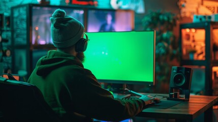 A man wearing a beanie and headphones sits in front of a computer with a green screen, using a mouse and keyboard in a dimly lit room.