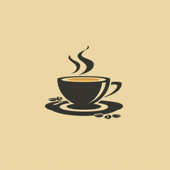 Obraz premium Minimalist illustration of a steaming coffee cup with coffee beans on a beige background, perfect for café branding. 