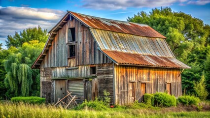 Rusty corrugated metal and weathered shingles cover the worn, worn-down roof of a centuries-old, rural, wooden barn structure.