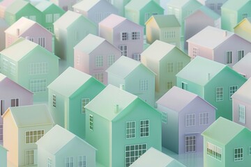 A field of miniature houses in various shades of green and purple.