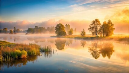 Obraz premium Fog enveloping a peaceful morning landscape, nature, mist, sunrise, calm, tranquil, weather, hazy, misty, dawn, serene