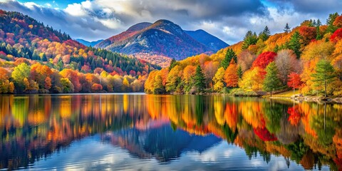 Obraz premium Autumn landscape featuring colorful foliage, a tranquil lake, and a scenic mountain backdrop, autumn, landscape, fall, foliage