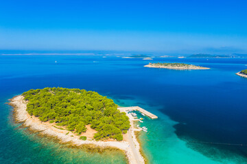 Turquoise sea, islands and yachts in Murter archipelago in Dalmatia, Croatia