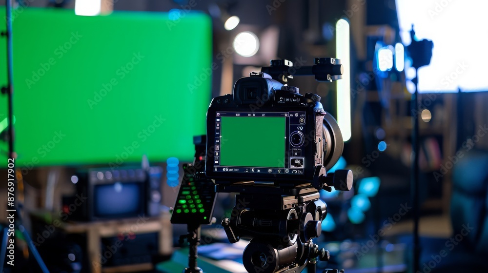 Poster a professional camera is mounted on a tripod and pointed at a green screen. the camera's lcd screen 