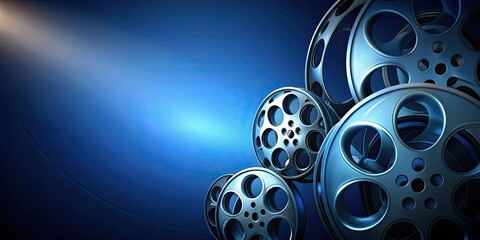 rendering of movie reels on a dark blue surface, film, cinema, entertainment, theater, cinematography, digital, technology