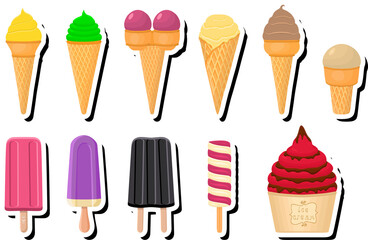 Illustration on theme big kit ice cream popsicle different types in cone waffle cup