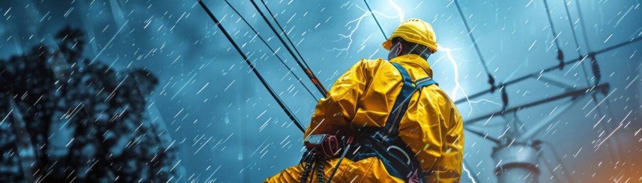 A lone worker in a yellow raincoat  working on power lines during a storm.