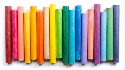 Vibrant assortment of colorful chalk sticks of various hues and sizes neatly arranged on a pristine white background, sans clutter.