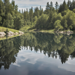 Calm lakes with reflections or flowing rivers with dynamic movements.