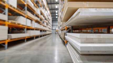 A variety of industrial panels, including boards, sheets, and plates, neatly stacked in a modern warehouse setting, emphasizing material diversity