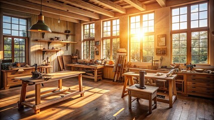 Warm and inviting woodworking workshop with tools and sunlight streaming through windows , woodworking, workshop