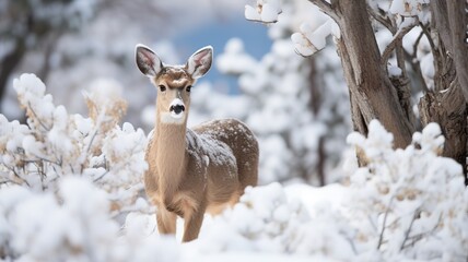 Mule deer fawn amidst snowy background near dense shrubbery.