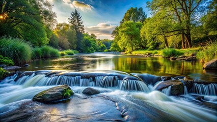 Water flowing into a peaceful river, nature, flowing, water, stream, river, peaceful, tranquility, serenity, calm
