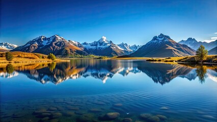 Obraz premium Majestic landscape with a clear blue sky and mountains reflecting , nature, scenery, panoramic, peaceful, serene