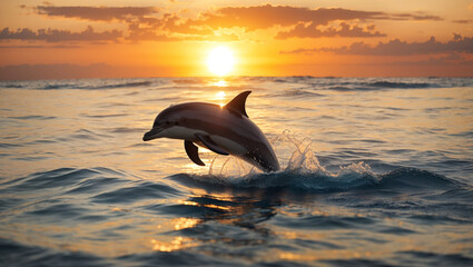 A dolphin is leaping out of the water during a sunset. The water is sparkling with the reflection of the sun.

