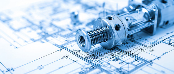 Precision engineering: a detailed blueprint with a metallic component. A blueprint with detailed lines and markings, a shiny metal gear lays on top, suggesting the intricate design of a machine