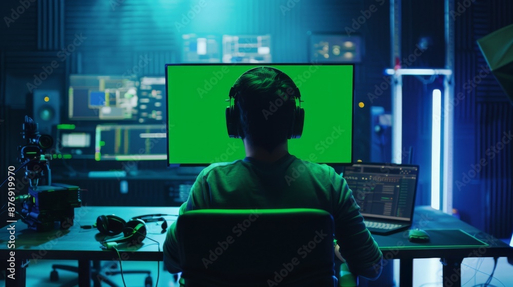 Poster a man in headphones sits in front of a large green screen monitor, surrounded by other monitors. he 