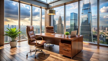 Modern Office Interior With Large Windows And A City View.