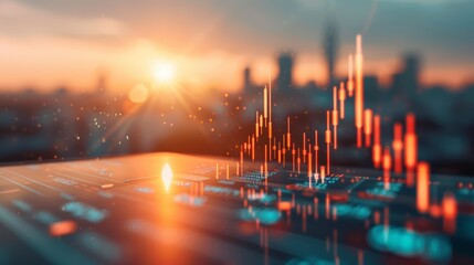 Digital financial graphs and charts rise over a cityscape at sunset, representing market trends and economic growth in a vibrant scene.
