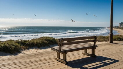 A simple wooden bench located on a scenic coastal