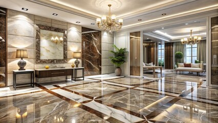 Fototapeta premium 3D Rendering Of A Modern Luxury Hotel Lobby With Marble Floors And Walls, A Crystal Chandelier, And Elegant Furniture.