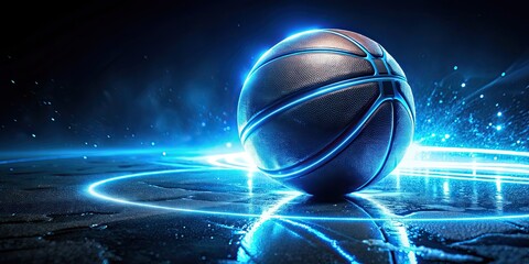 Striking rendering of glowing basketball with neon blue trails in wet surface at night, basketball,rendering, glowing, neon