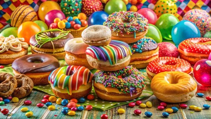 Colorful arrangement of assorted glazed donuts and pastries on a decorative tablecloth with balloons and confetti in the background.