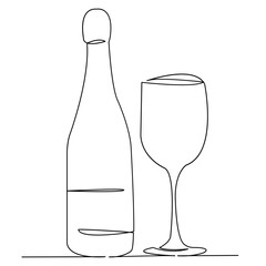 continuous single drawn one line bottle of champagne and glass hand-drawn picture silhouette. Line art. doodle