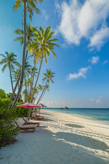 Beauty closeup sea sand sky. Tropical relax beach sunny summer island landscape. Love couple chairs umbrella palm leaves romantic shore. Luxury travel destination. Honeymoon vacation best tourism