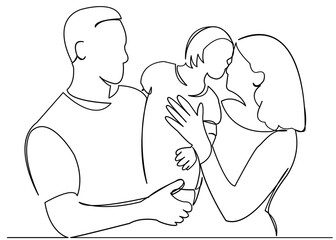 continuous single drawn one line mom dad and child happy family hand-drawn picture silhouette. line art doodle