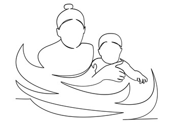 continuous single drawn one line mother and baby are bathing  hand-drawn picture silhouette. Line art. doodle.