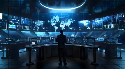 Silhouette of man in modern control room with multiple screens displaying data and world maps, highlighting technology and global communication.