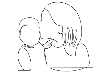 continuous single drawn by one line mom kisses a baby hand-drawn picture silhouette. Line art. doodle.