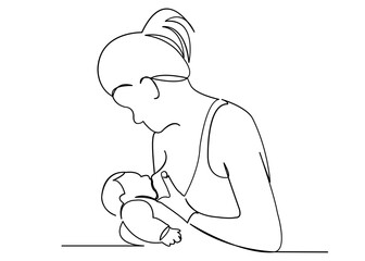 continuous single drawn one line woman is breastfeeding a child drawn picture silhouette. Line art. character mother feeds a newborn baby.Doodle