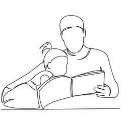 continuous single drawn one line dad reads a book to his daughter a hand-drawn picture of a silhouette. Line art. doodle