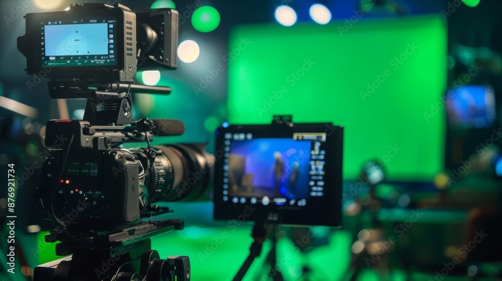 Poster a professional video camera is set up in a studio with a green screen background. another camera scr
