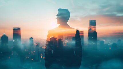 Silhouette of a businessman superimposed over a cityscape at sunset, creating a blend of urban and serene elements.
