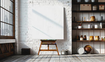 Modern art studio with blank s on easel, white brick wall, daylight