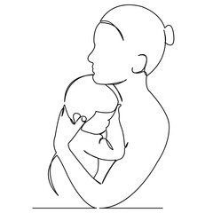 continuous single drawn hand-drawn picture silhouette by one line mother with baby in her arms. Line art. doodle.