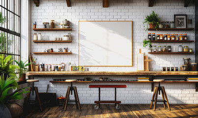 Modern art studio with blank s on easel, white brick wall, daylight