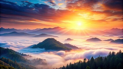 Obraz premium Mountain sunrise with soft pastel colors and misty atmosphere, sunrise, mountains, morning, nature, landscape, sky, clouds, mist