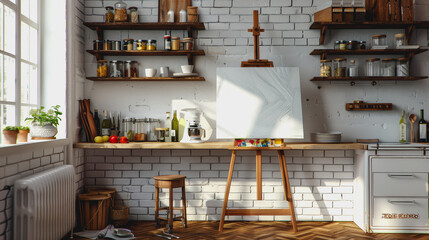 Modern art studio with blank s on easel, white brick wall, daylight