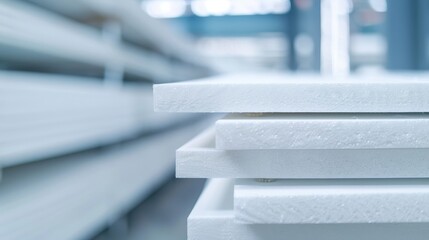 Close-up of high-tech thermal insulation panels, showcasing their material composition and efficiency in conserving energy, modern construction backdrop