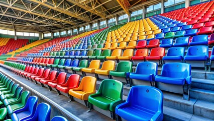 Vibrant stadium atmosphere depicted through a sea of colorful seats, empty but bursting with energy, awaiting a thrilling event.